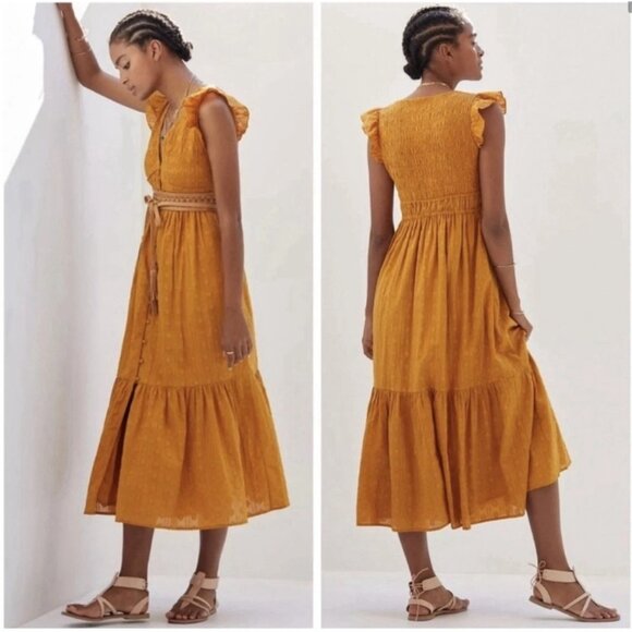 Anthropologie The Peregrine Midi Dress In Marigold Smocked Ruffle Trim Large - Picture 1 of 7